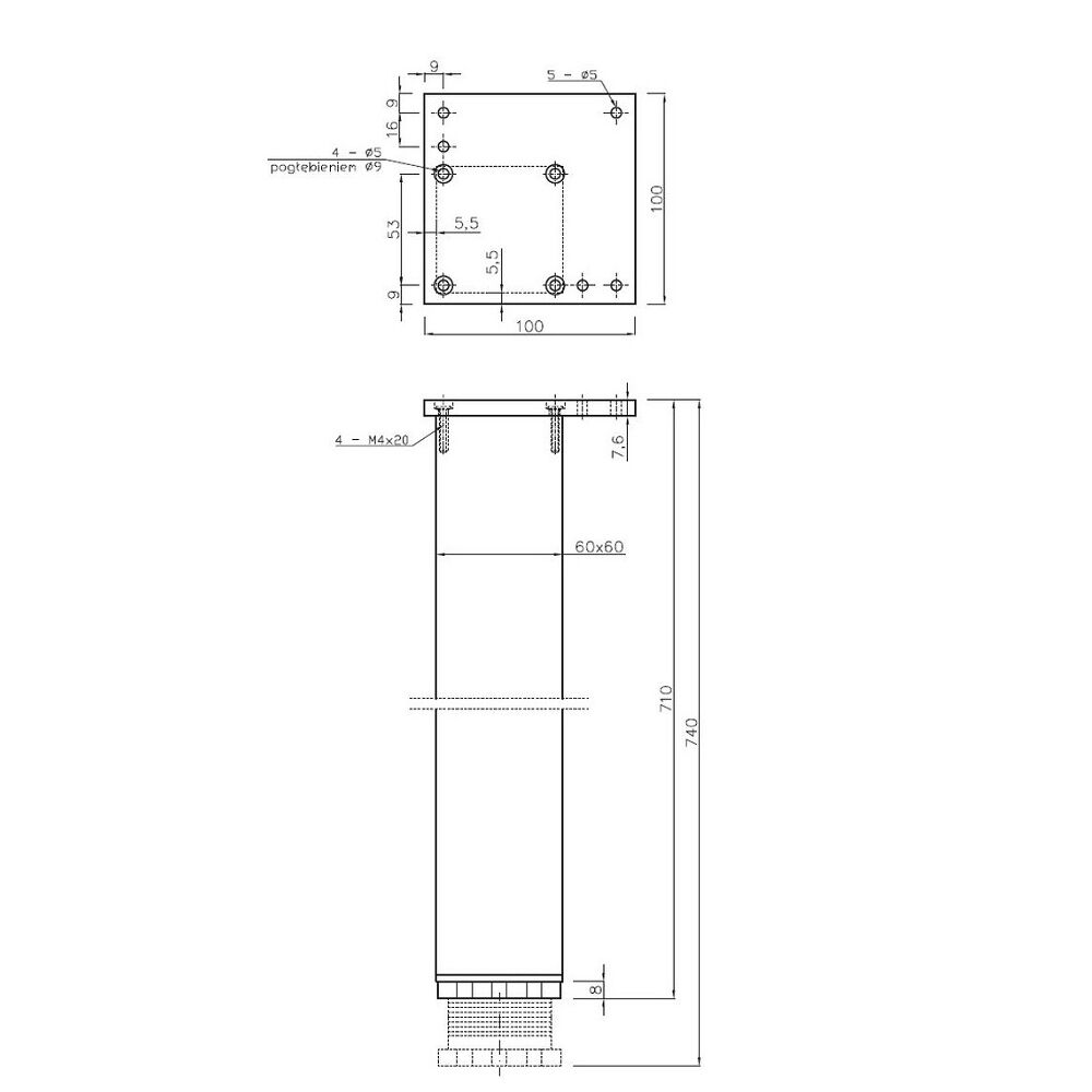 Aluminium Tischbeine | eckig | 4er Set | Höhenverstellbar 71-74 cm Chrom matt