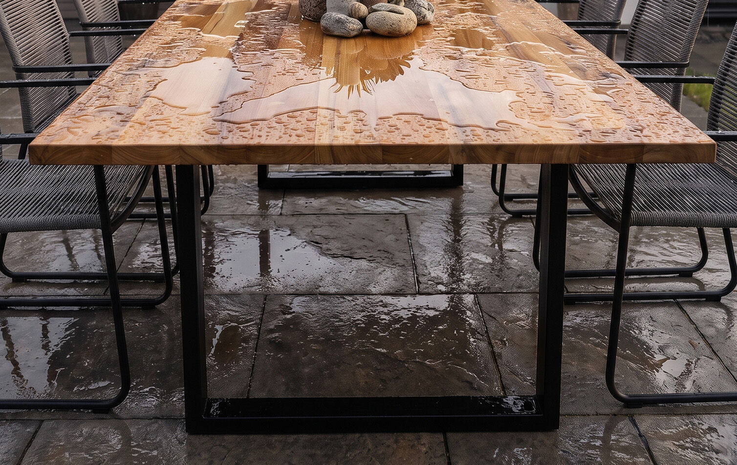 Schwarzes, wetterfestes Outdoor Tischgestell mit einer Holz Tischplatte auf einer verregneten Terrasse.