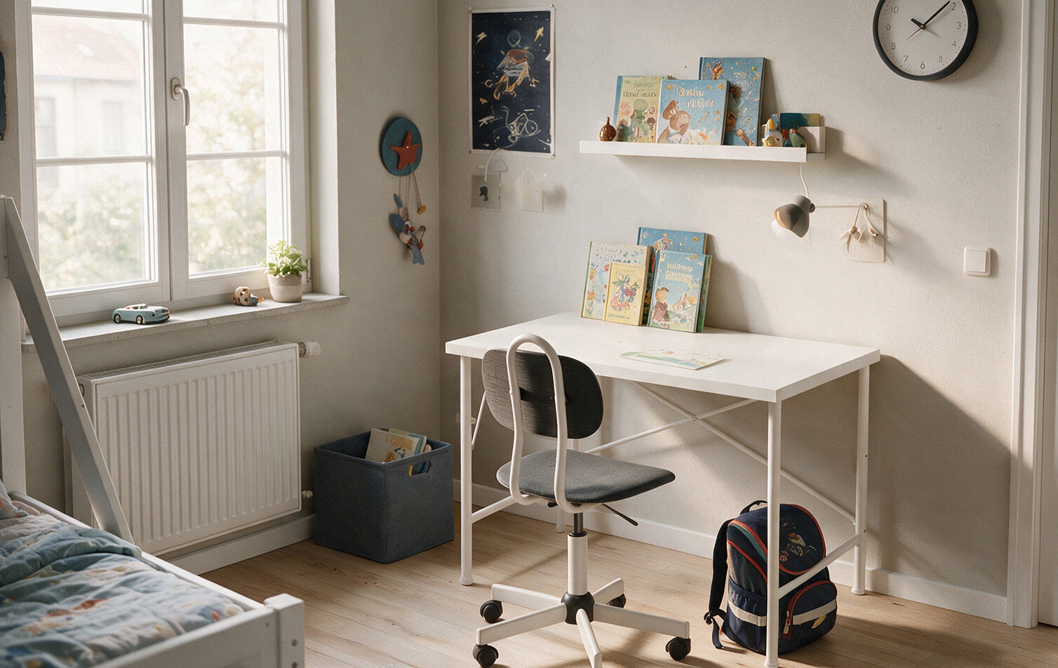 Weiße Tischplatte 120 x 70 in Kinderzimmer.